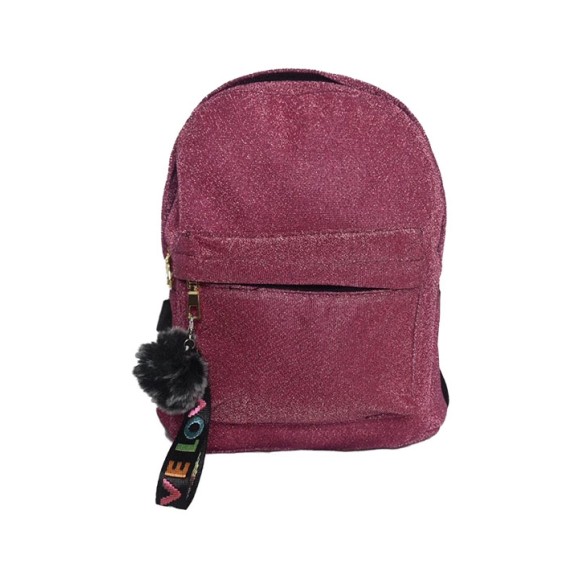 MOCHILA FEMININA BRILHOSA COM POMPOM F2037S